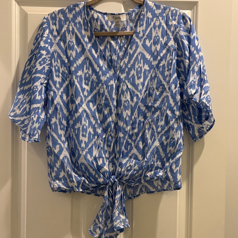 Blue and White Patterned Blouse